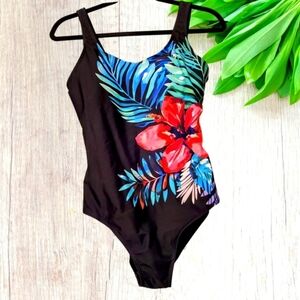 🎁Annieshein NWT Black w/ Bold Tropical Flower print 1 piece swimsuit- Large